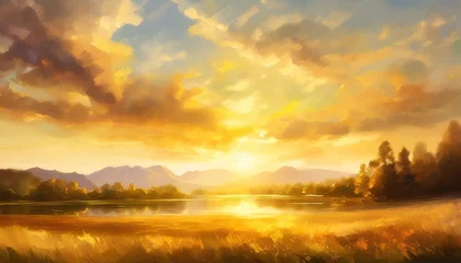 Poster digital artwork landscape oil painting of nature colorful warm tones with sunset and clouds can be used as background or wallpaper © Adrian