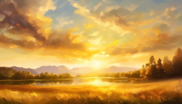 digital artwork landscape oil painting of nature colorful warm tones with sunset and clouds can be used as background or wallpaper