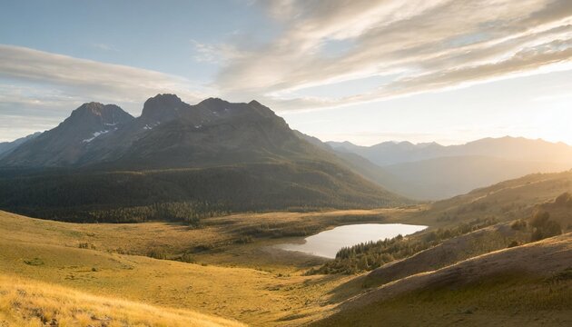 an image of a breathtaking mountain landscape with towering peaks serene lakes and rolling meadows capturing the grandeur of nature