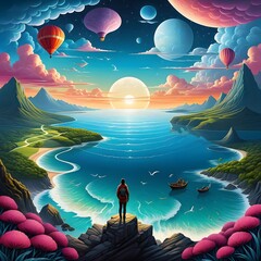 illustrate imaginative worlds or dreamscapes that represent a persons inner escape from stress