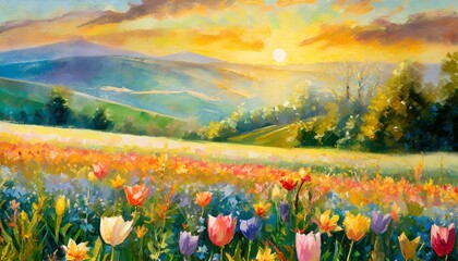 le printemps eclate de fleurs peignant le fond du paysage d une palette vive la nature s eveille dans ce paradis ensoleille offrant un spectacle enchanteur - obrazy, fototapety, plakaty