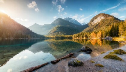 incredible autumn scene of hintersee lake sunny morning view of bavarian alps on the austrian border germany europe beauty of nature concept background orton effect - obrazy, fototapety, plakaty