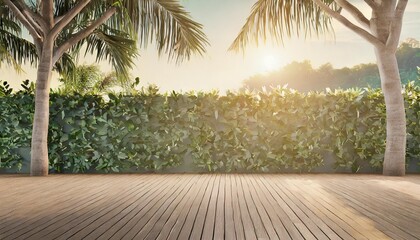 empty wooden terrace with green wall 3d render there are wood plank floor with tropical style tree garden background sunlight shine on the tree