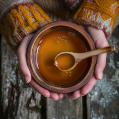 Female hands holding a bowl of bee honey and a wooden spoon.