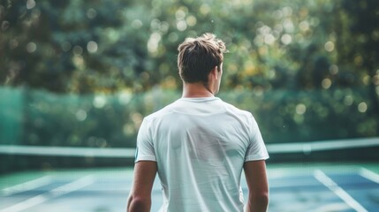 A tennis player stands at the baseline back to the camera as they focus intently on returning opponents powerful serve. . .