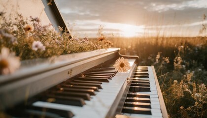 piano in nature at sunset flower generative ai