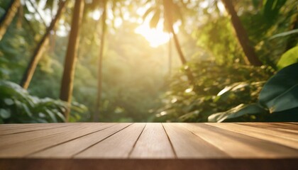 table top wood counter floor podium in nature outdoors tropical forest garden blurred green jungle...