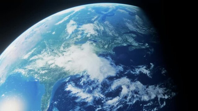 Passing over the United States of America from high in orbit, Planet Earth rotates below in an animated 4K 3D concept, with grunge, flares, film grain, lens flares, and bloom.