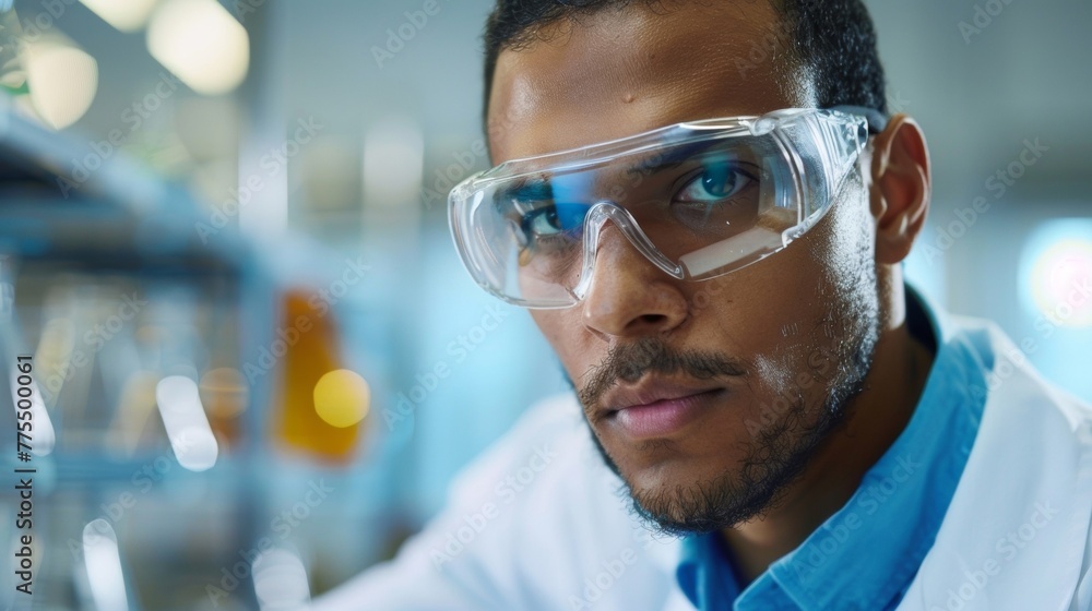 Poster a scientist in a lab studying new and innovative ways to produce solar panels from recycled material