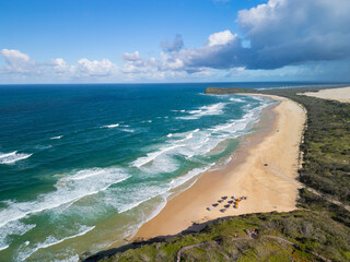 Aerial views of 75 Mile Beach highway on the sand island of K’gari, Queensland, Australia
