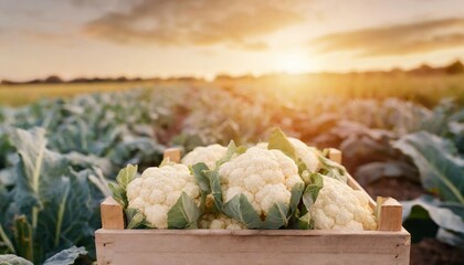 cauliflower harvested in a wooden box with field and sunset in the background natural organic fruit abundance agriculture healthy and natural food concept horizontal composition banner