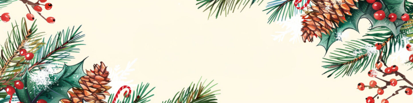A realistic watercolor painting of pine cones and berries. Copy space. Christmas Banner.