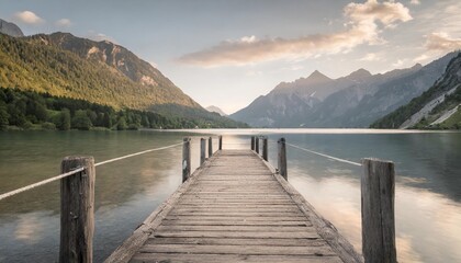 wooden pier with clear lake in the alps in summer