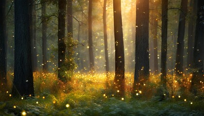 dark green forest with many yellow fireflies generative ai
