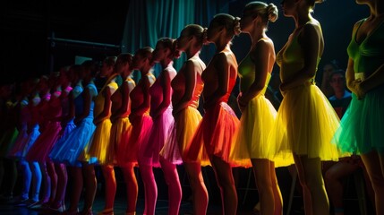 A group of dancers stand in formation bright costumes contrasting against the dark backdrop as they...