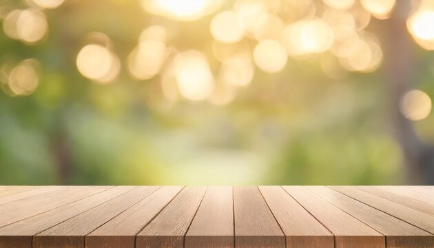 empty wood table top with bokeh green nature background display product for banner or advertise on social media spring or summer concept