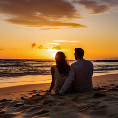 lifestyle photo romantic man and woman sit on beach at sunset.
