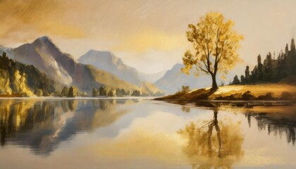 abstract art acrylic oil painting of mountains landscape with gold details tree and reflection of water from a lake