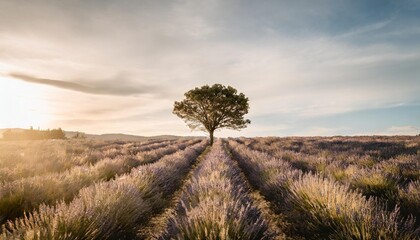 tree in lavender field at sunset in provence
