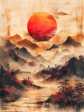 Digital art - Painting of a river and mountains while sundown