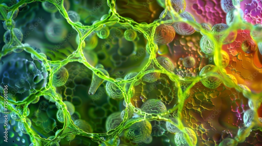 Poster a colorful image of chloroplasts in a plant cell surrounded by countless tiny sacs each containing p