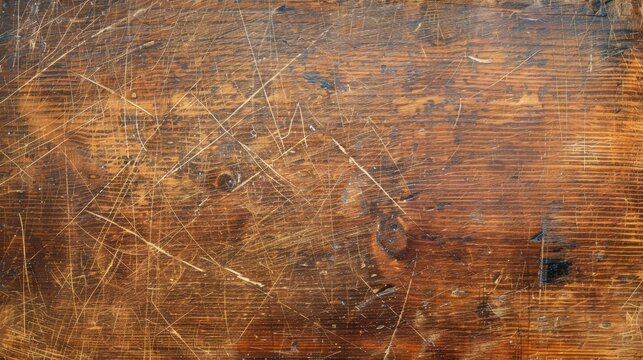 Detailed close-up view of a scratched wooden school desk surface. Background.