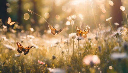 sunny summer nature background with flying butterflies and wild flowers on forest glade grass with sunlight and bokeh - obrazy, fototapety, plakaty