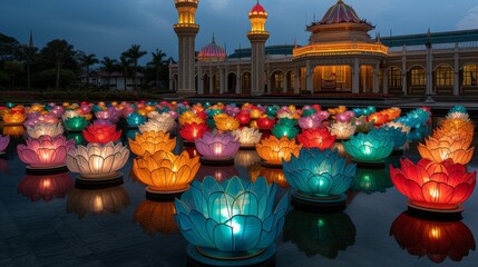 Tarawih prayers in a grand mosque adorned with thousands of colorful lamps, where the community gathers for night prayers, creating an atmosphere of unity and spirituality. ::3 --chaos 20 --ar 16:9 -
