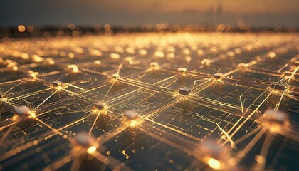 a grid of luminous interconnected circuits casting a soft glow on the dark surroundings embodying the networked nature of future business and internet technology