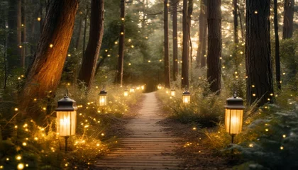 Fototapeten enchanting forest path with glowing lanterns and fireflies magical nature scene © Tomas
