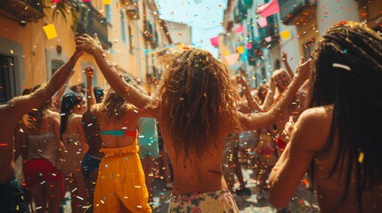 The community coming together on the street to celebrate a local festival, with parades, music, and dancing, filling the streets with festivity and joy. ::2 local festival celebration ::3 --chaos 20 -