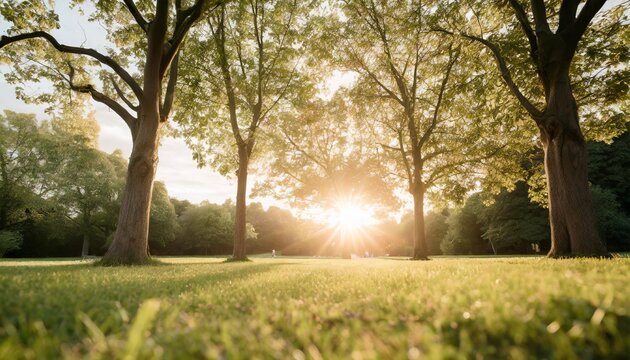 product photograph of trees in the park with green grass and sunlight fresh green nature background