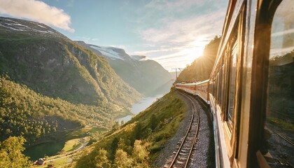 view from window at the flamsbana train and beautiful nature of norway famous tourist attraction and most steep railroad in the world in beautiful norwegian mountains - obrazy, fototapety, plakaty