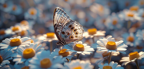 A close-up shot of a Morpho butterfly gracefully fluttering above a cluster of daisy flowers, their...