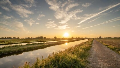 the sun sets over the dutch polder landscape near gouda holland