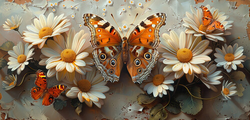 An artistic interpretation of Morpho butterflies and daisy flowers depicted in oil paint, with each...