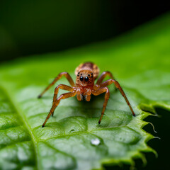 lifestyle photo small brown spider macro on a leaf.