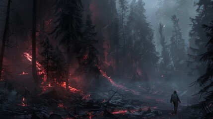 A lone adventurer trekking through an ominous forest their path illuminated by the glowing remnants of a recent eruption.