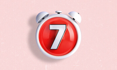 3D illustration of a clock style counter and stopwatch in white color with the number 7 inside. Day 7