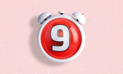 3D illustration of a clock style counter and stopwatch in white color with the number 9 inside. Day 9