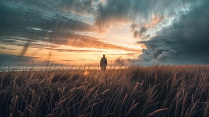 Fototapeta premium Man standing on the grassland at sunset with clouds in the sky
