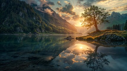 Sunset on the lake with a tree in front of the mountains