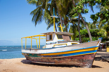 Image of a fisherman's boat in the sand of Praia do Forte in Bahia Brazil