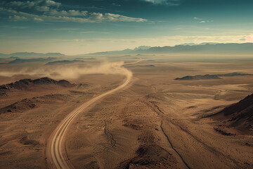 Generative AI Image of Nature Landscape of Winding Road in Barren Desert with Dusty Wind