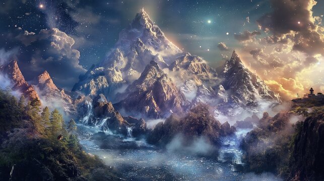 Enchanted Peak A Magical Mountains Landscape Collage, Where Dreams Take Flight Amongst Snow-Capped Summits