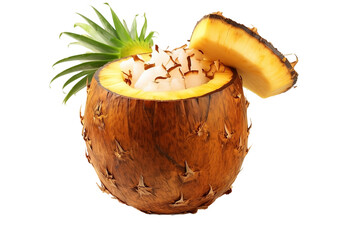 Refreshing Pineapple Smoothie Served in a Coconut Isolated On PNG OR Transparent Background.
