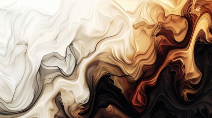 Abstract, flowing, curling liquid in warm brown, white and black - obrazy, fototapety, plakaty