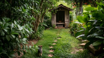A dog stands in the grass near a small hut, with paw prints leading to the cozy shelter. Background. Dog kennel concept, pet play space.
