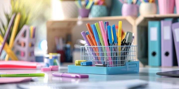 Desk organizer with pens and stationery, neat workspace, close-up, soft light