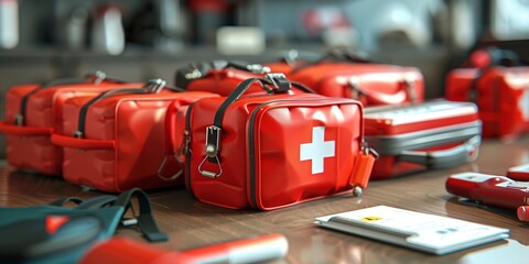 Emergency Preparedness: Organized emergency kits, evacuation plans, and safety measures. - obrazy, fototapety, plakaty